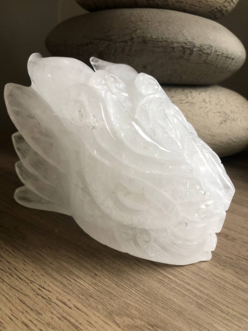 Crâne de cristal de dragon en cristal de roche