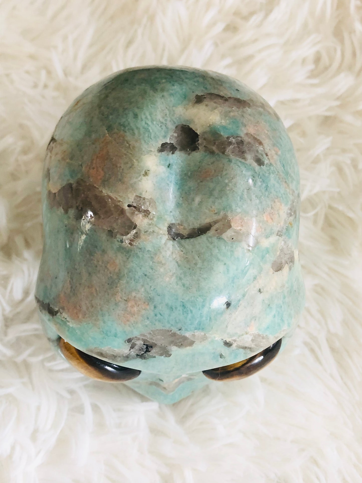 Crâne stellaire en amazonite et oeil de tigre
