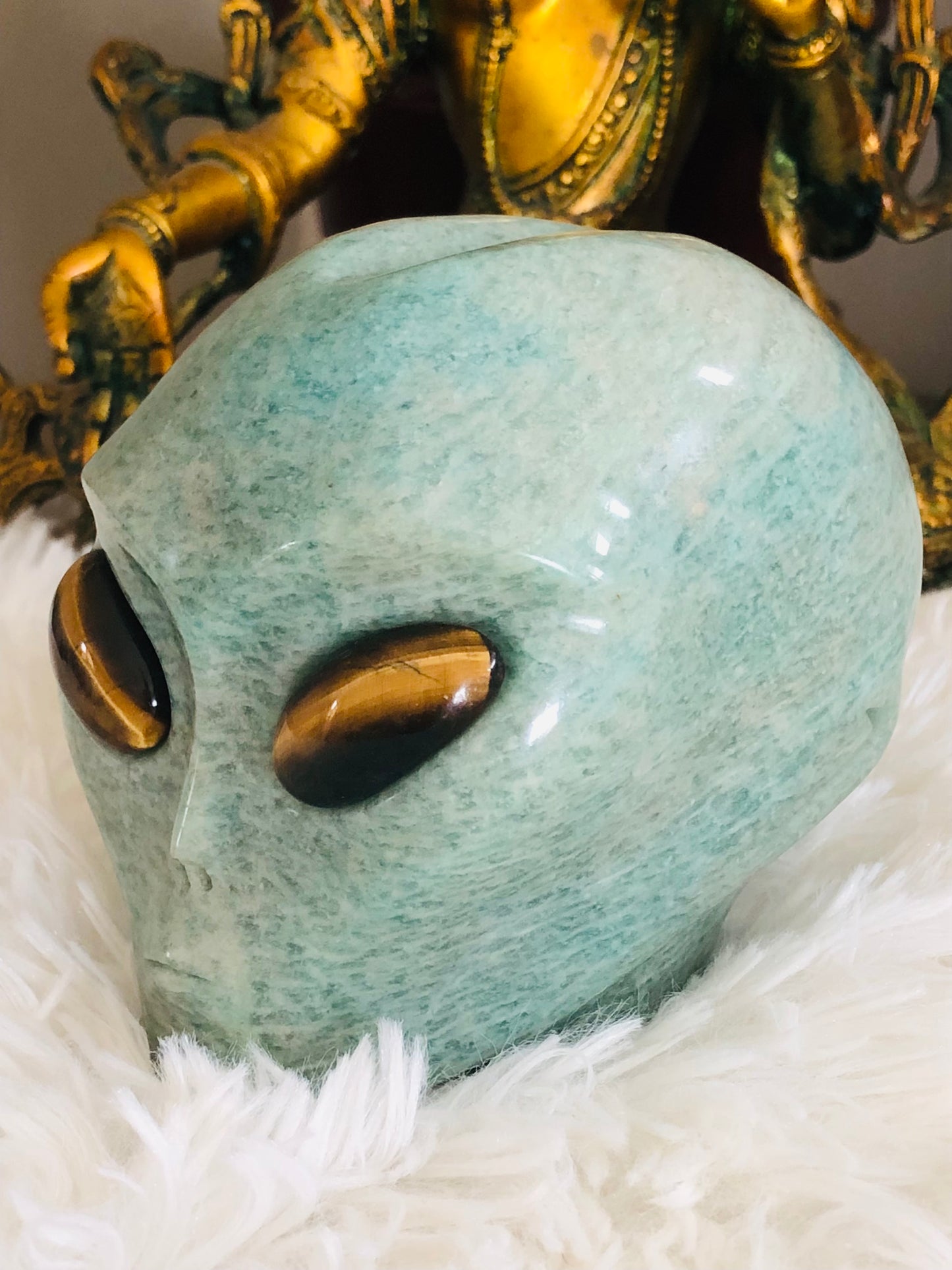Crâne stellaire en amazonite et oeil de tigre
