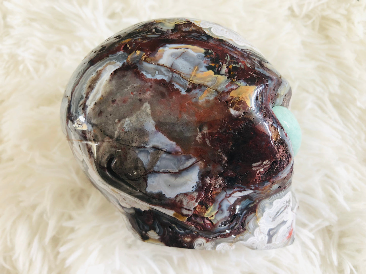 Crâne stellaire en agate mexicaine crazy lace et amazonite