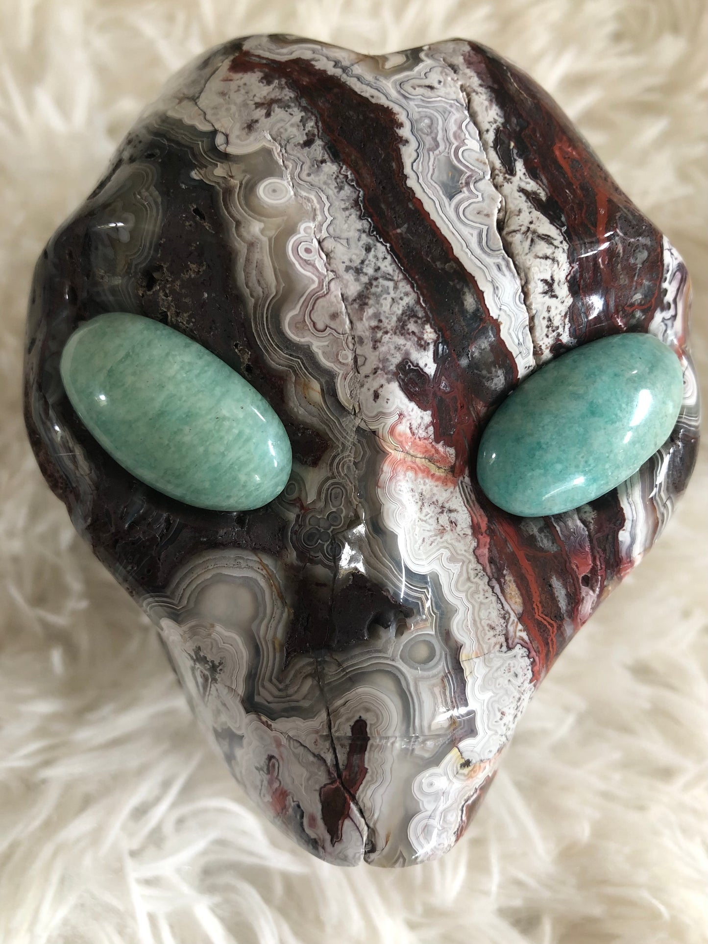 Crâne stellaire en agate mexicaine crazy lace et amazonite