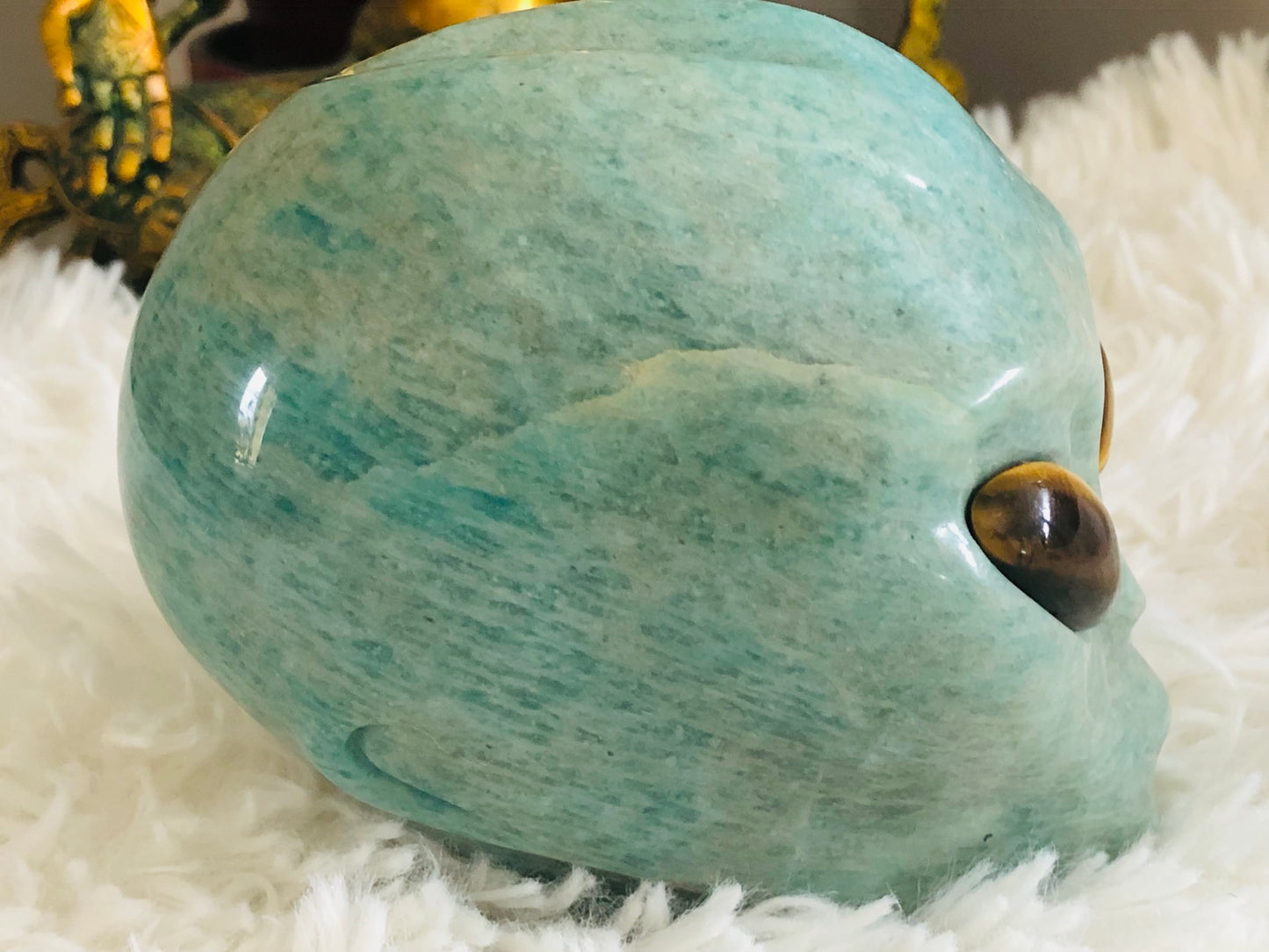 Crâne stellaire en amazonite et oeil de tigre