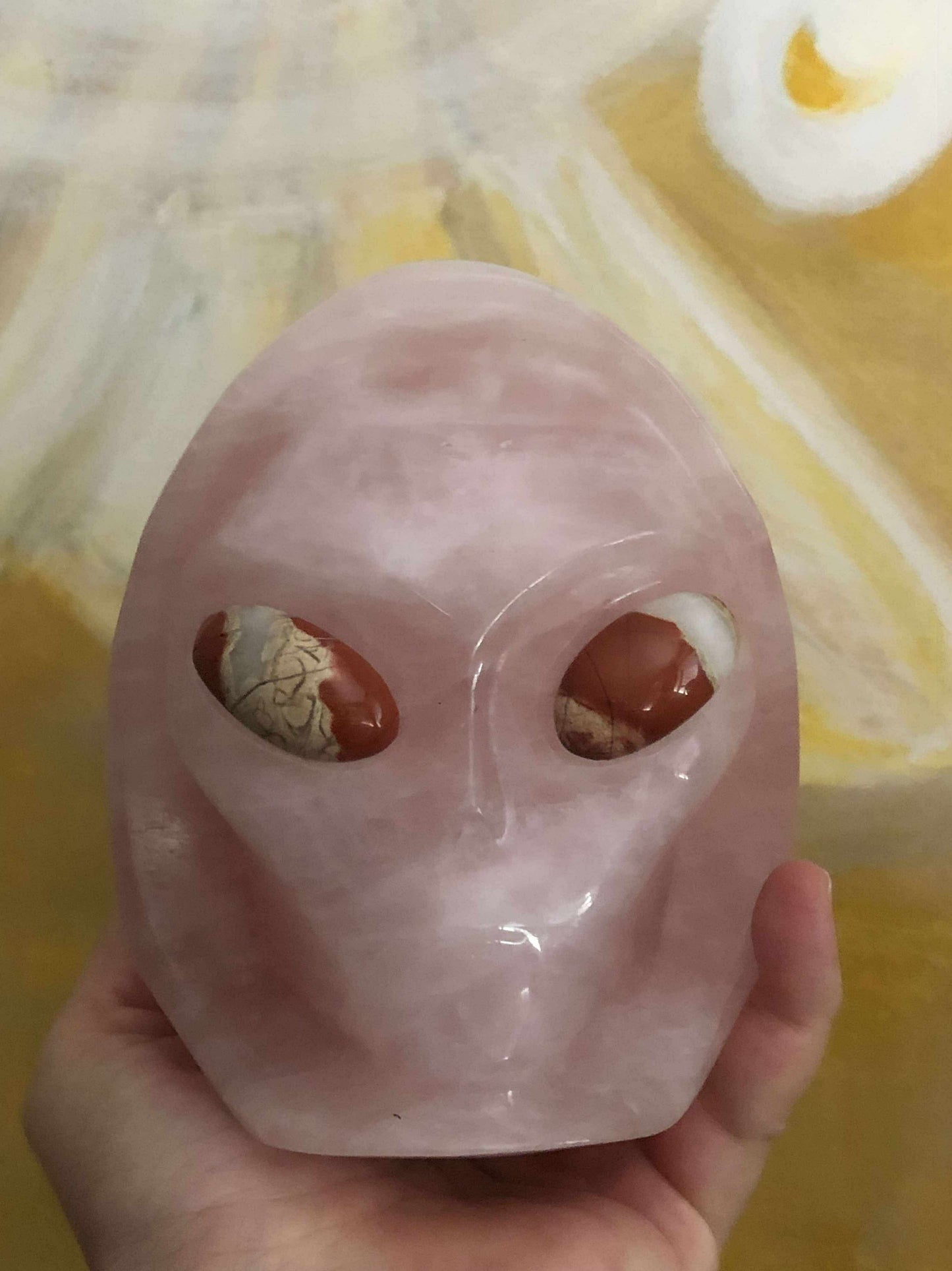 Crâne stellaire quartz rose et yeux jaspe rouge