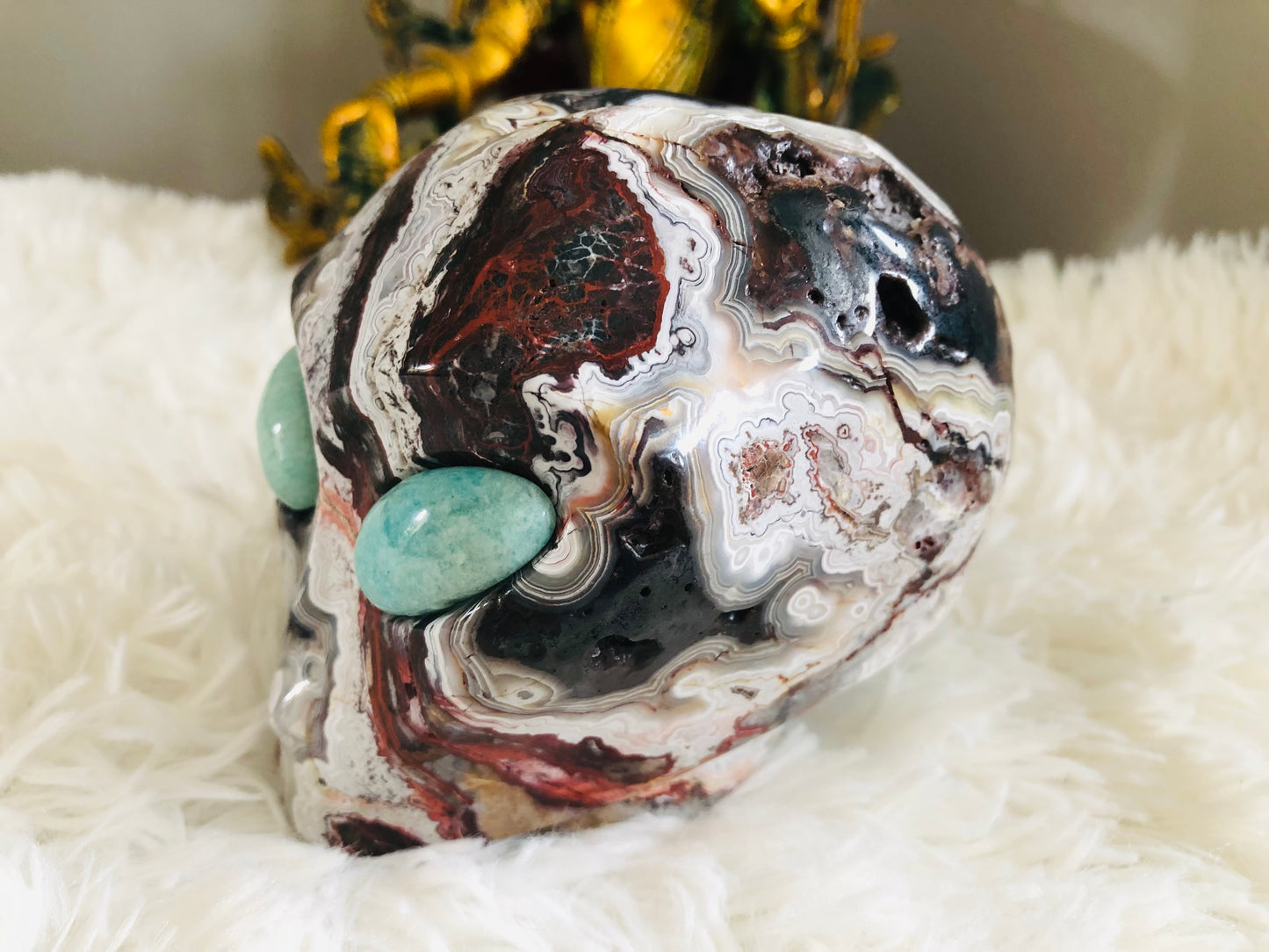 Crâne stellaire en agate mexicaine crazy lace et amazonite