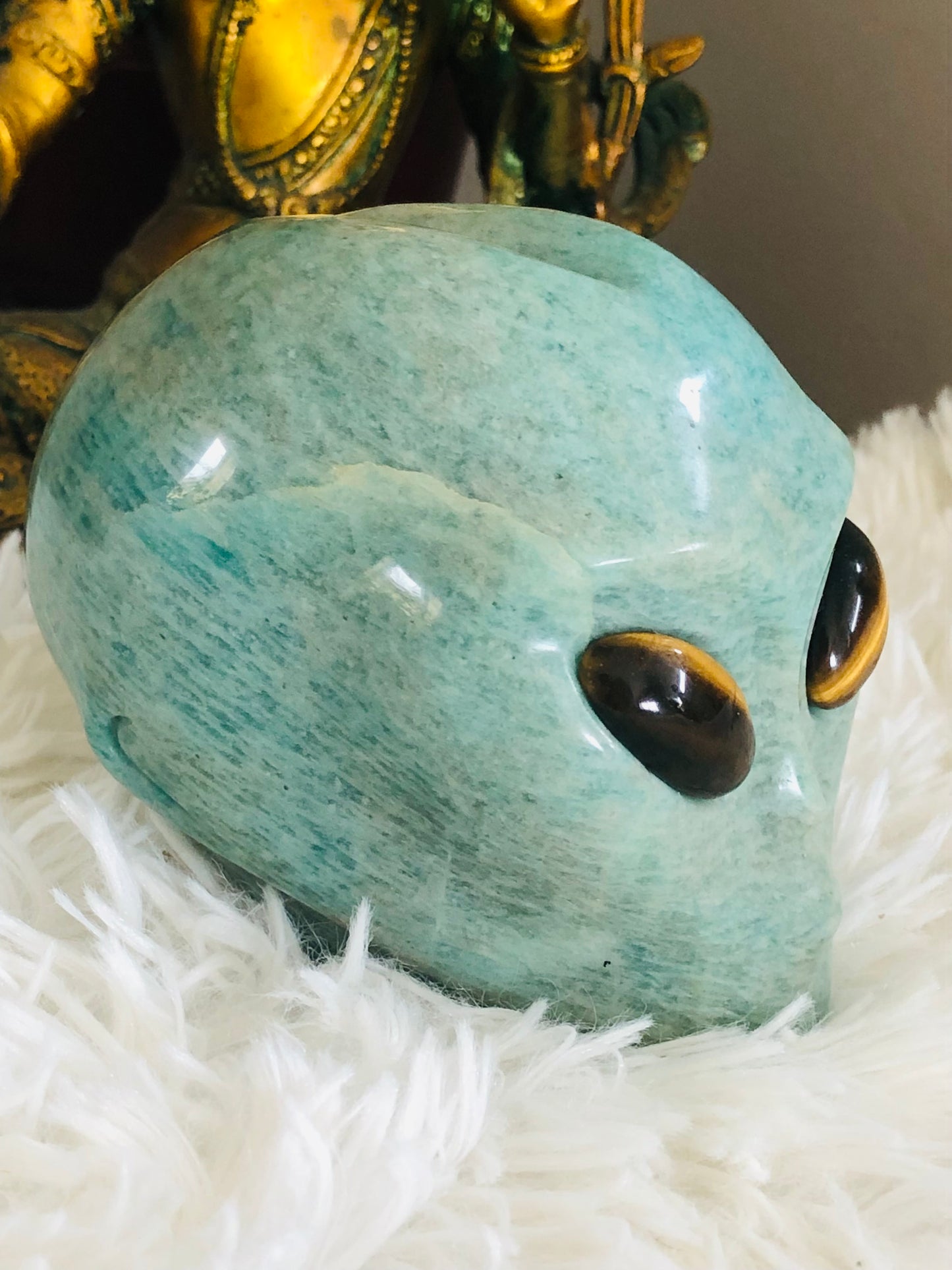 Crâne stellaire en amazonite et oeil de tigre