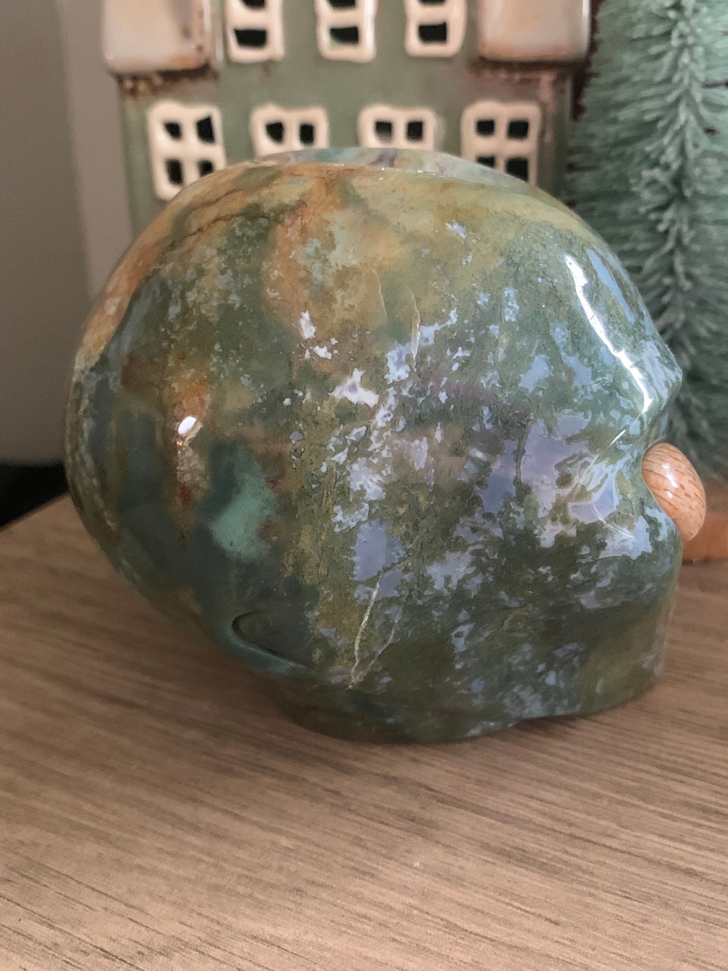 Crâne de cristal galactique en jaspe océan