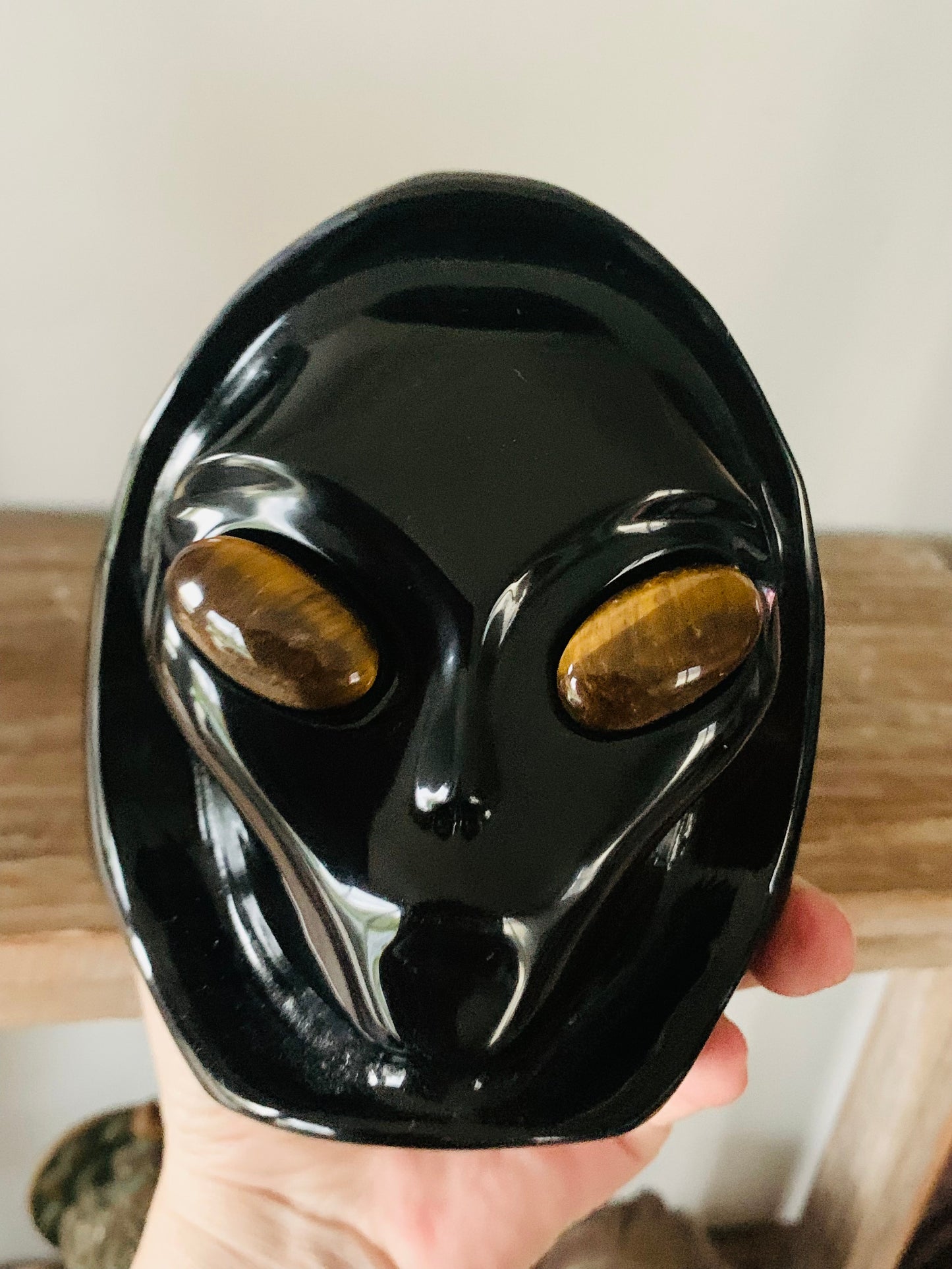Crâne de cristal stellaire en obsidienne noire et oeil de tigre
