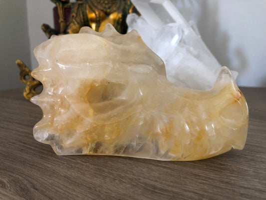 Crâne de dragon en quartz guérisseur doré
