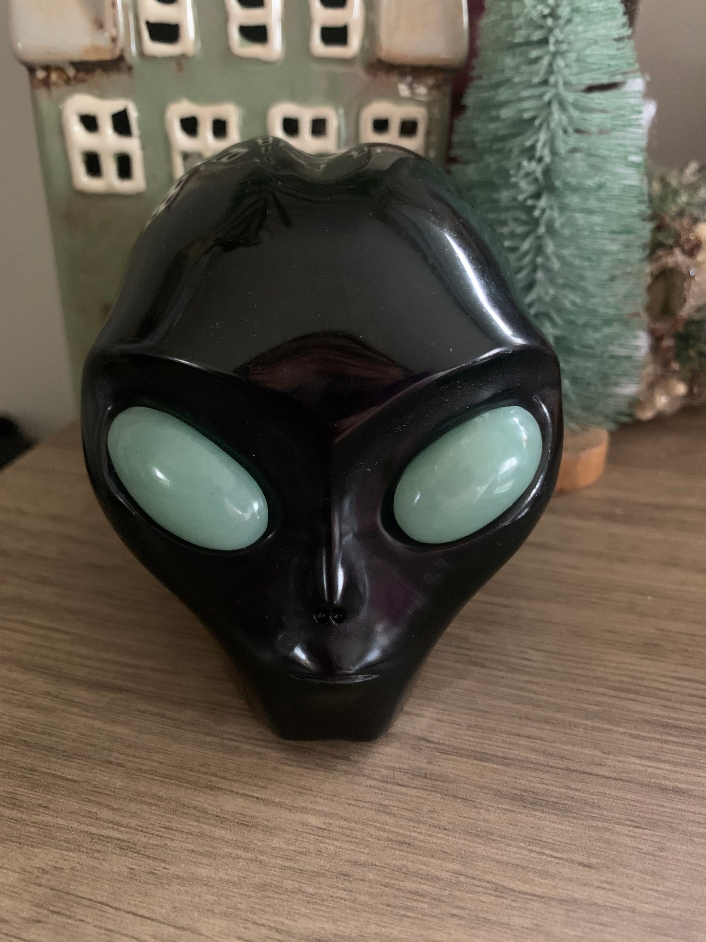 Crâne de cristal stellaire en obsidienne noire et aventurine verte