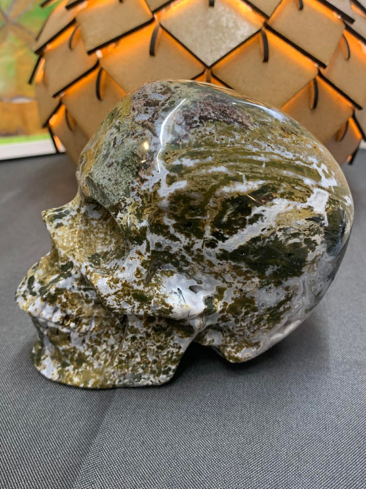 Crâne de cristal en jaspe océan